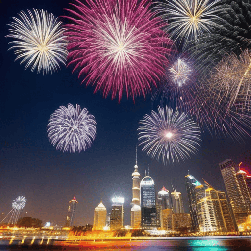 Celebratory fireworks illuminate the night sky over a vibrant city, marking the Lunar New Year in 2024.