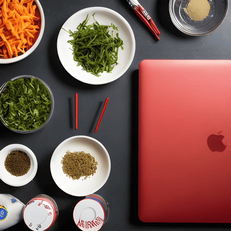 A new apple laptop is surrounded by a variety of ingredients for a website celebrating the New Year.