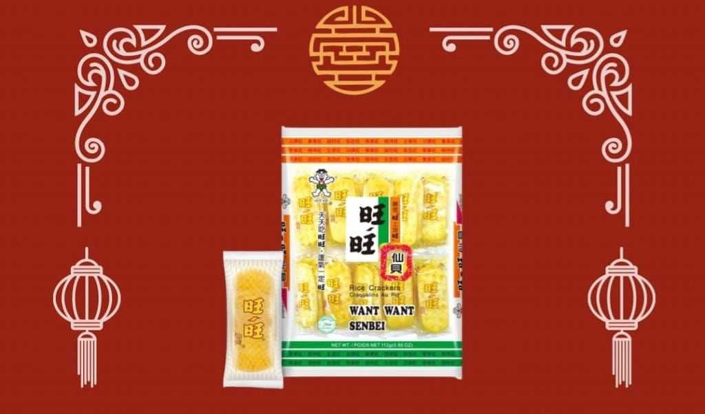 A pack of want want senbei rice crackers presented against a festive red background with traditional Chinese decorative elements and lantern graphics, available at MamaFangs.com.