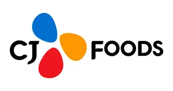 A logo comprising a stylized arrangement of three colored droplets in blue, red, and yellow around the text "cj foods. A logo comprising a stylized arrangement of three colored droplets in blue, red, and yellow around the text "cj foods.