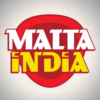 Malta india beverage logo – bold red and yellow design with stylized white lettering. Malta india beverage logo – bold red and yellow design with stylized white lettering.