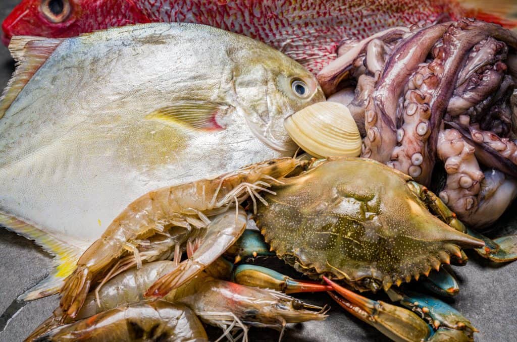 A variety of fresh seafood including fish, shrimps, a crab, and an octopus spread out on display.